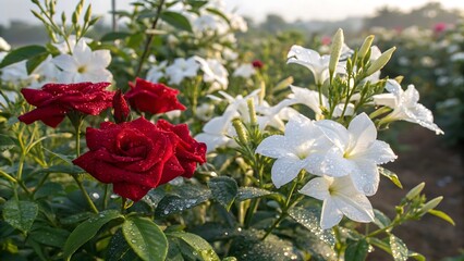 Vibrant red roses and white blooms flourish together in a sunlit garden.