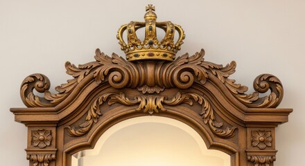 Intricately carved wooden mirror frame with ornate details, showcasing a golden crown atop the elegant,