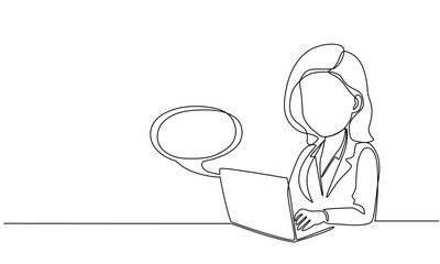 Woman with laptop computer in one continuous line drawing. Symbol of online texting and dialogue.
