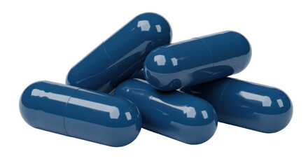 Pile of blue capsule pills isolated, medication supplement for health and wellness on a transparent background