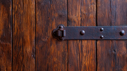 Rustic wooden door with metal hinge and strap, showcasing rich textures and warm tones, evokes sense of craftsmanship and history
