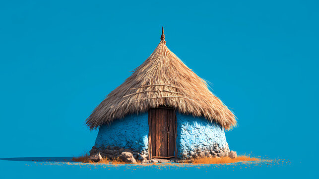 A traditional Maasai manyatta dwelling stands alone against a plain azure backdrop showcasing the rustic architecture and cultural heritage of East African pastoral communities