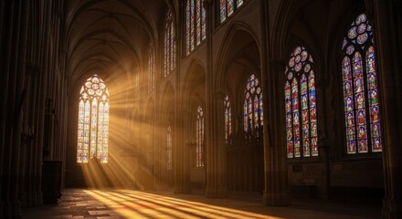Obraz premium Dramatic interior perspective showcases light streaming through stained-glass windows, illuminating the arched ceiling and stone floor within a historic structure, casting shadows and creating a...