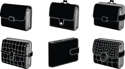 Vector set of wallets, leather purses, clasp wallets, button closure wallets, crocodile texture wallets, snap wallets, and compact money holders