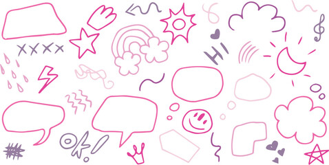 Sketch icons hand drawn, children draw style, grunge style icon set. Spectrum rainbow, chat bubble, raindrop, lunar, alien emoji, royal crown, OK message, comet. Painted with pink and purple grunge