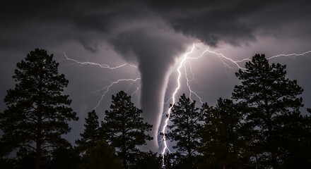 Dramatic storm scene with lightning and towering cloud formations over a forest at night