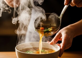 Steaming bowl of hot vegetable soup with ladle