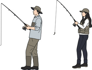 Obraz premium Fishing illustration, man and woman, casting rods, outdoor activity, nature, angling gear, boots, vest, hat, recreation scene