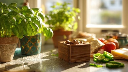 Fresh herbs and ingredients on a kitchen counter, natural light.