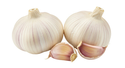 Two garlic bulbs and cloves isolated on transparent background, fresh organic vegetable for healthy cooking and flavoring