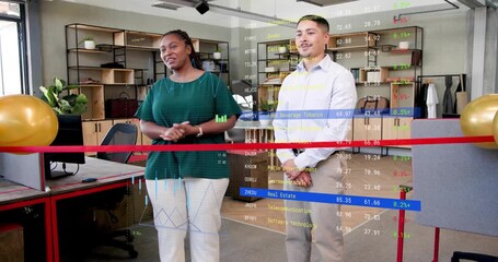 Clasping hands and smiling presenters initiating animated stock charts overlay during finance talk - Powered by Adobe