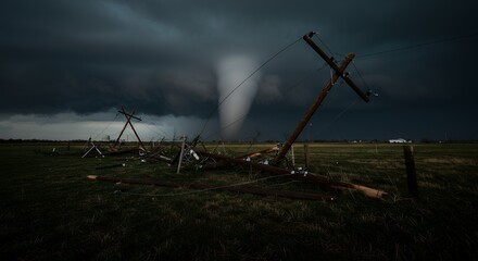 Dramatic tornado over rural landscape with ominous storm clouds