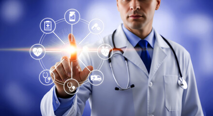 Professional doctor pointing at futuristic holographic medical icons, symbolizing innovation in healthcare.