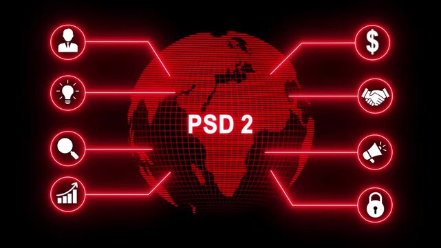 Global digital business PSD 2 network animation. Futuristic neon digital business network animation with global connections, technology interface, and data communication icons.