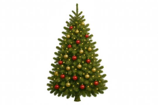 Christmas tree celebrating winter holidays, decorated with red and gold ornaments, glowing string lights, festive season - Powered by Adobe