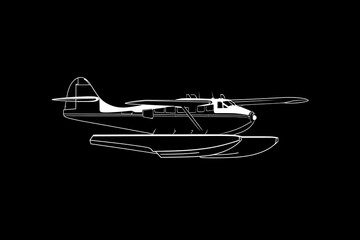 Flying Boat Silhouette Against a Vivid Sunset Over Open Water Vintage Aviation Design with Crisp White Wings and Bold Yellow Accents
