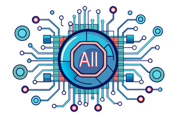 Fototapeta premium High-tech illustration of an artificial intelligence (AI) microchip with glowing blue digital circuit lines, symbolizing advanced technology, machine learning, data processing, and futuristic computin
