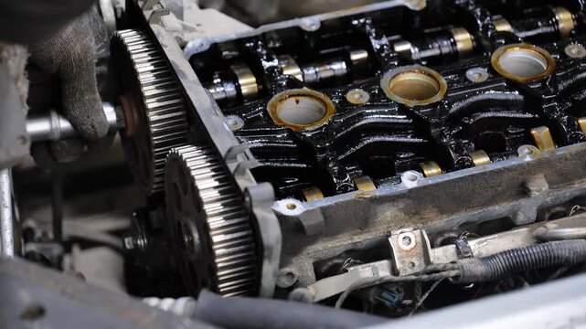 Mechanic hand repairing car engine components in service station