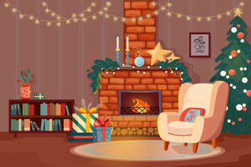 Christmas interior with cozy fireplace, decorated tree, gifts and warm armchair. Festive holiday scene full of comfort and joy Xmas home vector illustration with copy space for greeting cards, banners © Катерина Фирсова