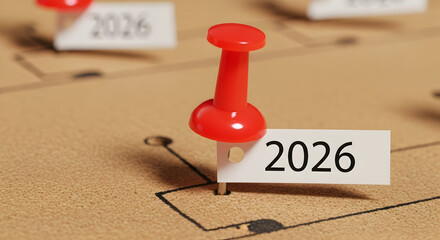 Visualizing the Future: A 2026 Milestone Marked on a Strategic Planning Board with Red Pin