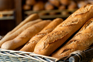 Fresh baguettes resting in wicker basket in bakery
