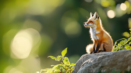 Beautiful red fox sits gracefully on rock, surrounded by lush greenery and soft bokeh lights, evoking sense of tranquility and nature beauty