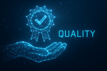 Futuristic digital hand holding glowing quality assurance icon with check mark in blue hologram style