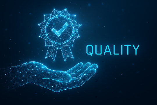 Futuristic digital hand holding glowing quality assurance icon with check mark in blue hologram style