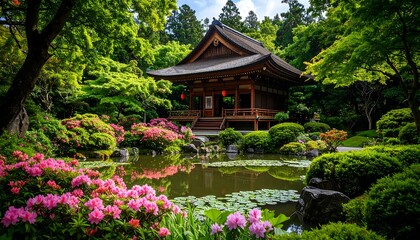 Peaceful Japanese garden with traditional temple