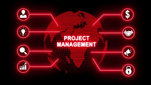 Global digital business project management network animation. Futuristic neon digital business network animation with global connections, technology interface, and data communication icons.