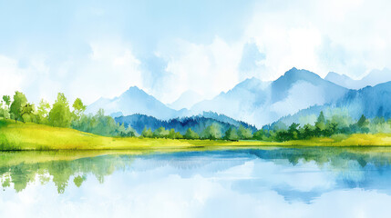 Serene watercolor landscape featuring calm lake reflecting mountains and lush greenery under clear blue sky