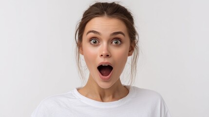 Positively shocked person expressing surprise with wide eyes and open mouth against a simple background