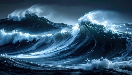 Dramatic Ocean Waves Crashing with White Foam and Dark Blue Water Under Overcast Sky in Daylight