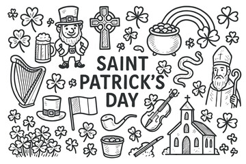 Saint patrick's day icons: leprechaun, shamrocks, pot of gold, harp, irish flag
