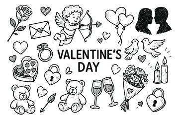 Valentine's day hand-drawn doodles featuring cupid, hearts, and romantic icons