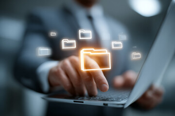 Close-up finger selecting glowing folder icon