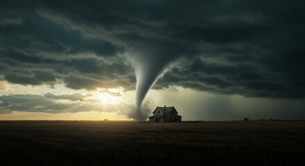 Tornado over house in dramatic cloudy sky storm weather disaster concept