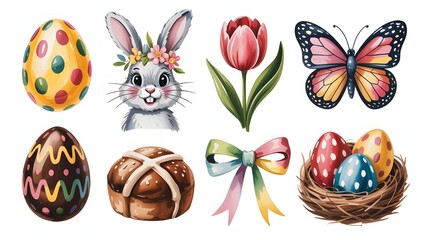 Easter collection with painted eggs, bunny, tulip, butterfly, hot cross bun, and nest with eggs isolated on white background