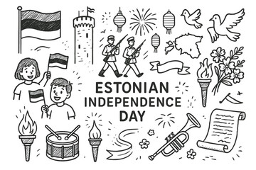 Illustration celebrating estonian independence day with symbols and characters