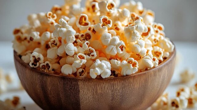A wooden bowl filled with freshly popped popcorn sits on a table, perfect for snacking or as a decorative centerpiece