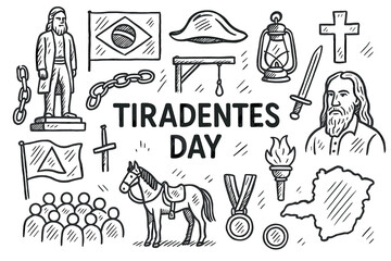 Obraz premium Tiradentes day celebration: icons of brazilian history and culture in black and white sketches