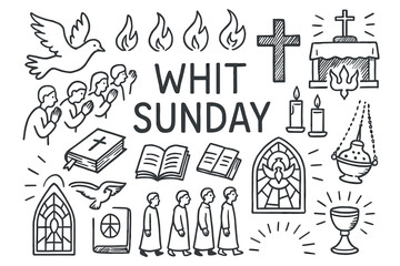 Whit sunday religious symbols and imagery black and white illustration