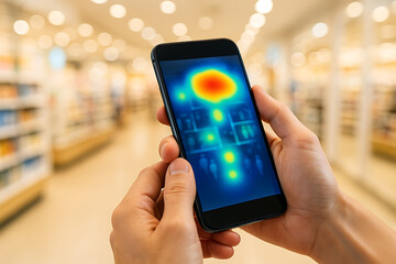 Smartphone displaying colorful heatmap data visualization inside a modern retail store