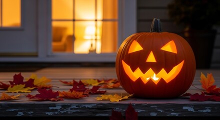 Obraz premium Lit jackolantern on weathered deck surrounded by fall leaves house lights glow warmly in the background