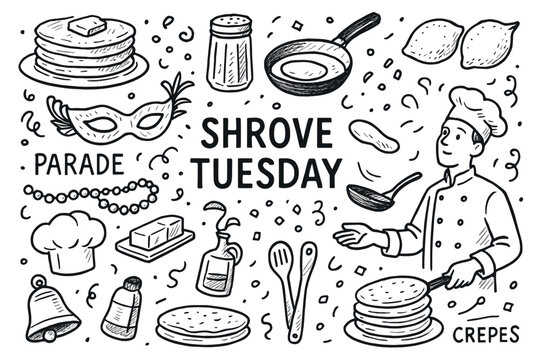 Shrove tuesday celebration with crepes and cooking elements in black and white illustration