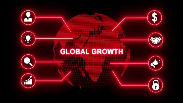 Global digital business global growth network animation. Futuristic neon digital business network animation with global connections, technology interface, and data communication icons. - Powered by Adobe