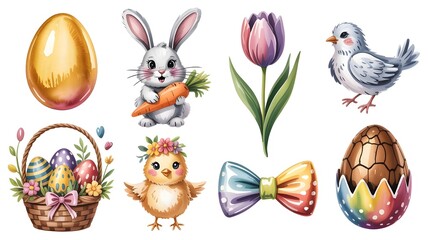 Charming watercolor easter collection with bunny, chick, egg, tulip, bird, and bow isolated on white background