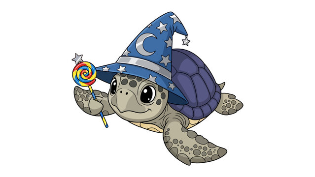 Wizard Turtle: A charming turtle, donned in a wizard hat and brandishing a magical lollipop, floats in a whimsical pose, ideal for stories and design projects.