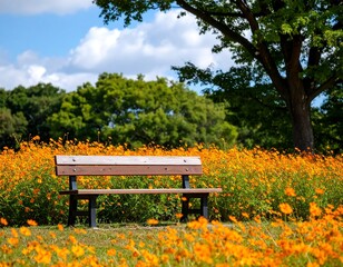 Naklejka premium Peaceful park bench in a vibrant cosmos field