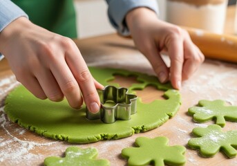 Hands cutting shamrock-shaped cookies from green dough on floured surface. St. Patrick’s Day baking preparation concept.